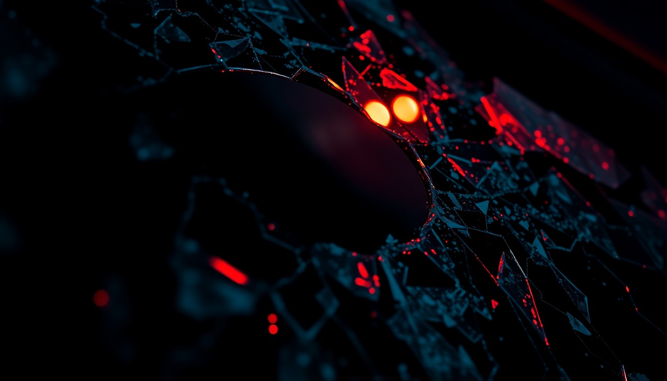 An extreme close-up photograph of a shattered car window reflecting a faint red light, conceptually illustrating the aftermath of a serious car crash without depicting any violence or victims.