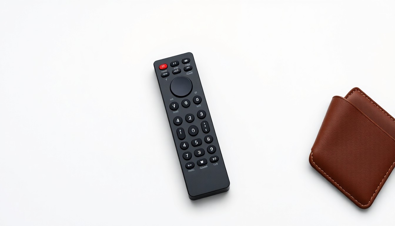 A minimalist, high-end studio still life photograph featuring a sleek TV remote control and a premium leather wallet arranged elegantly on a clean, monochromatic background, conceptually representing the abstract issues of media access and consumer choice in the context of the NFL's subscription fees.