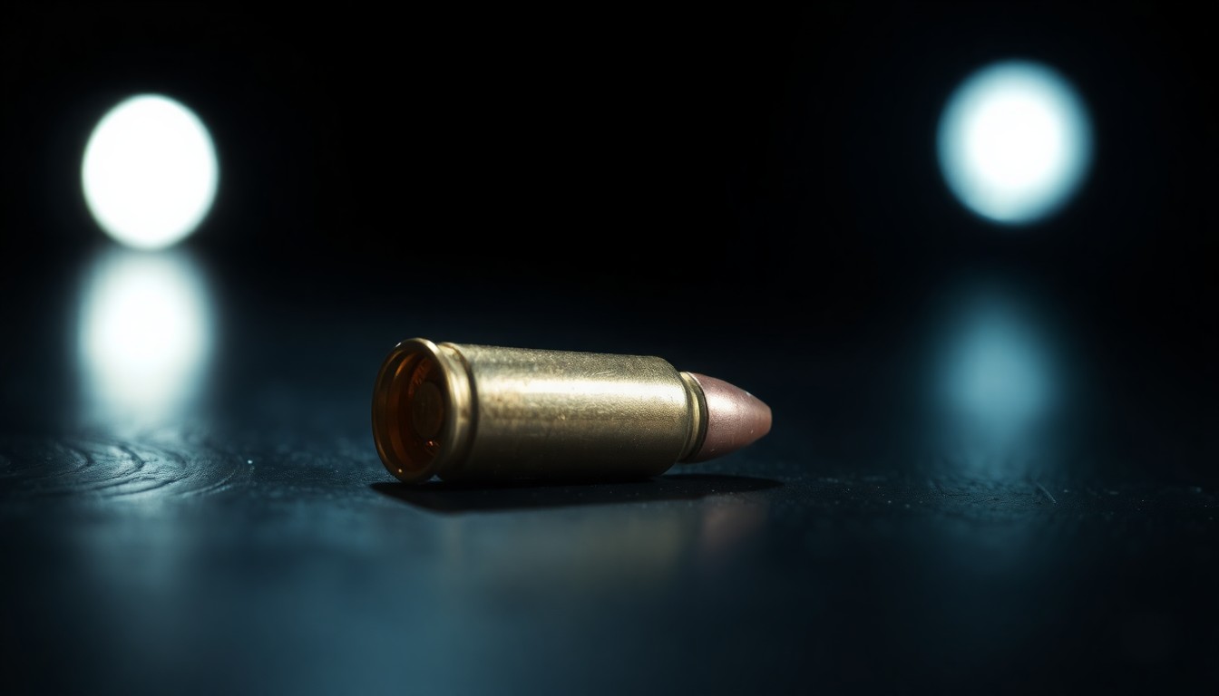 An extreme close-up photograph of a single spent bullet casing on a dark surface, lit by a harsh, direct camera flash, conceptually representing the violence and investigation surrounding this crime.