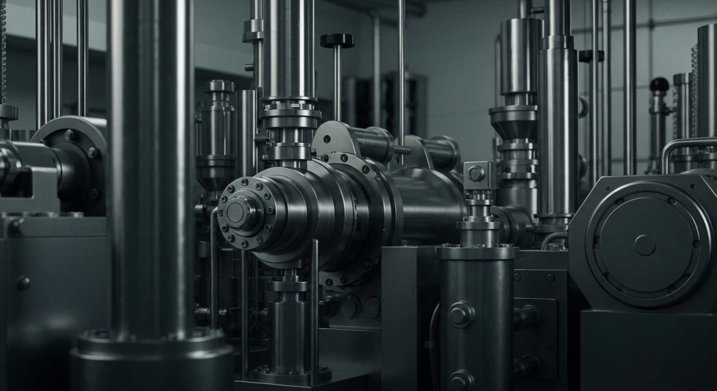 A highly detailed, cinematic close-up image of heavy, industrial pharmaceutical manufacturing equipment and machinery, conveying the complex financial and regulatory infrastructure involved in drug development and commercialization.