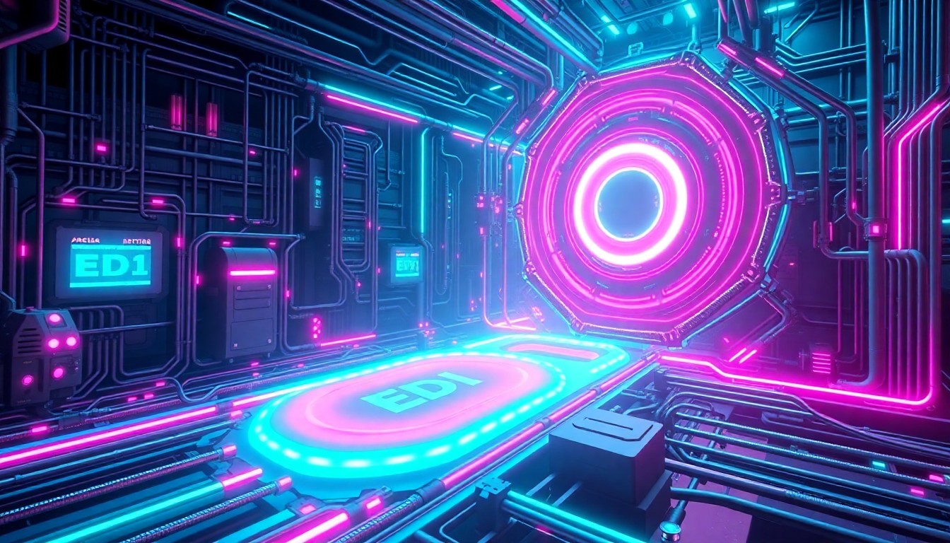 A highly detailed, glowing 3D illustration of a futuristic EDI data exchange hub, with pulsing neon cyan and magenta lights illuminating the intricate cybernetic infrastructure, conceptually representing the advanced intelligence and automation powering the Jitterbit EDI AI Assistant.