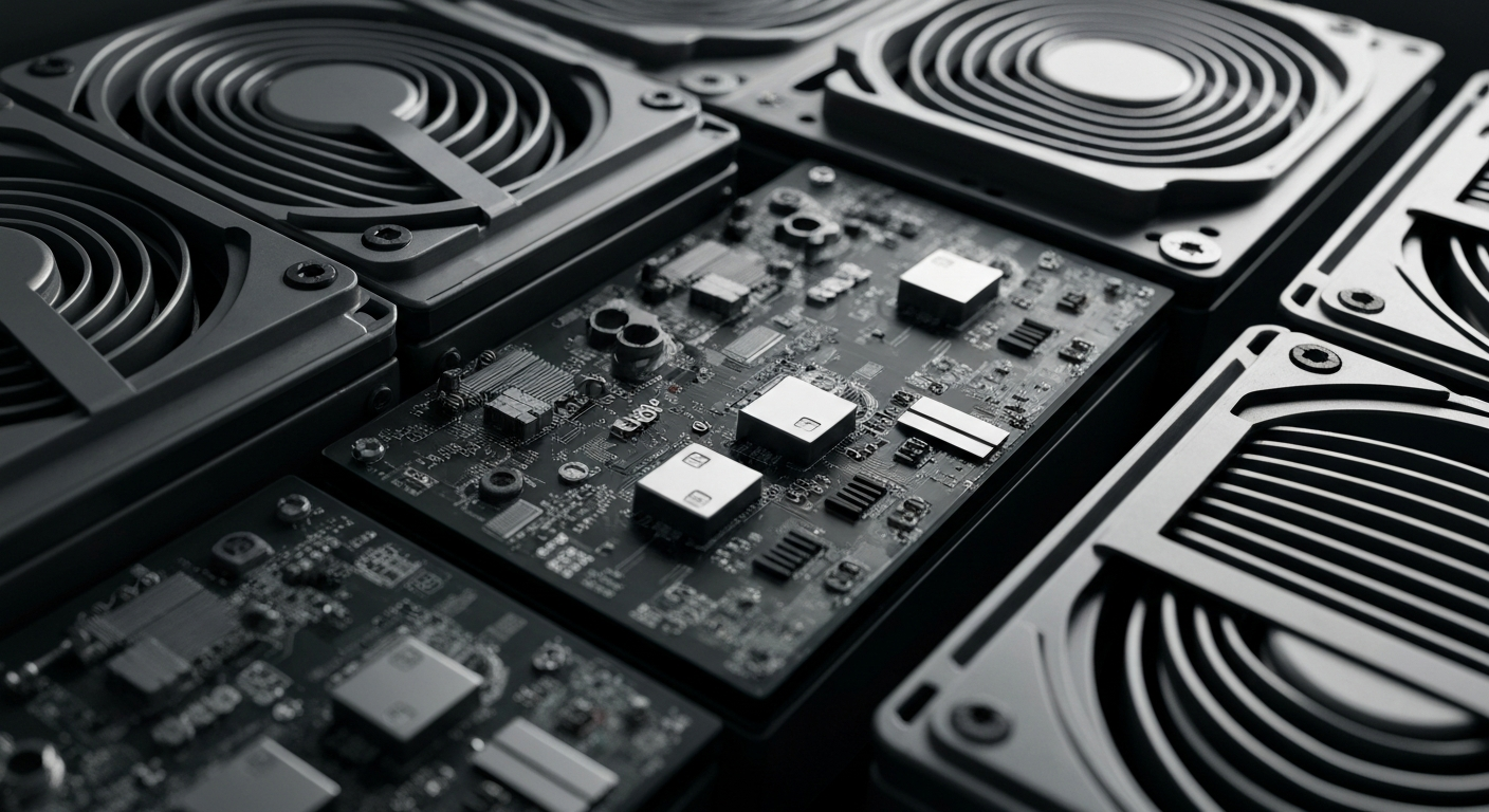 A highly detailed, black-and-white close-up photograph of the complex, interlocking machinery and circuitry that drives the cryptocurrency mining industry, conveying a sense of the technological sophistication and financial scale behind these operations.