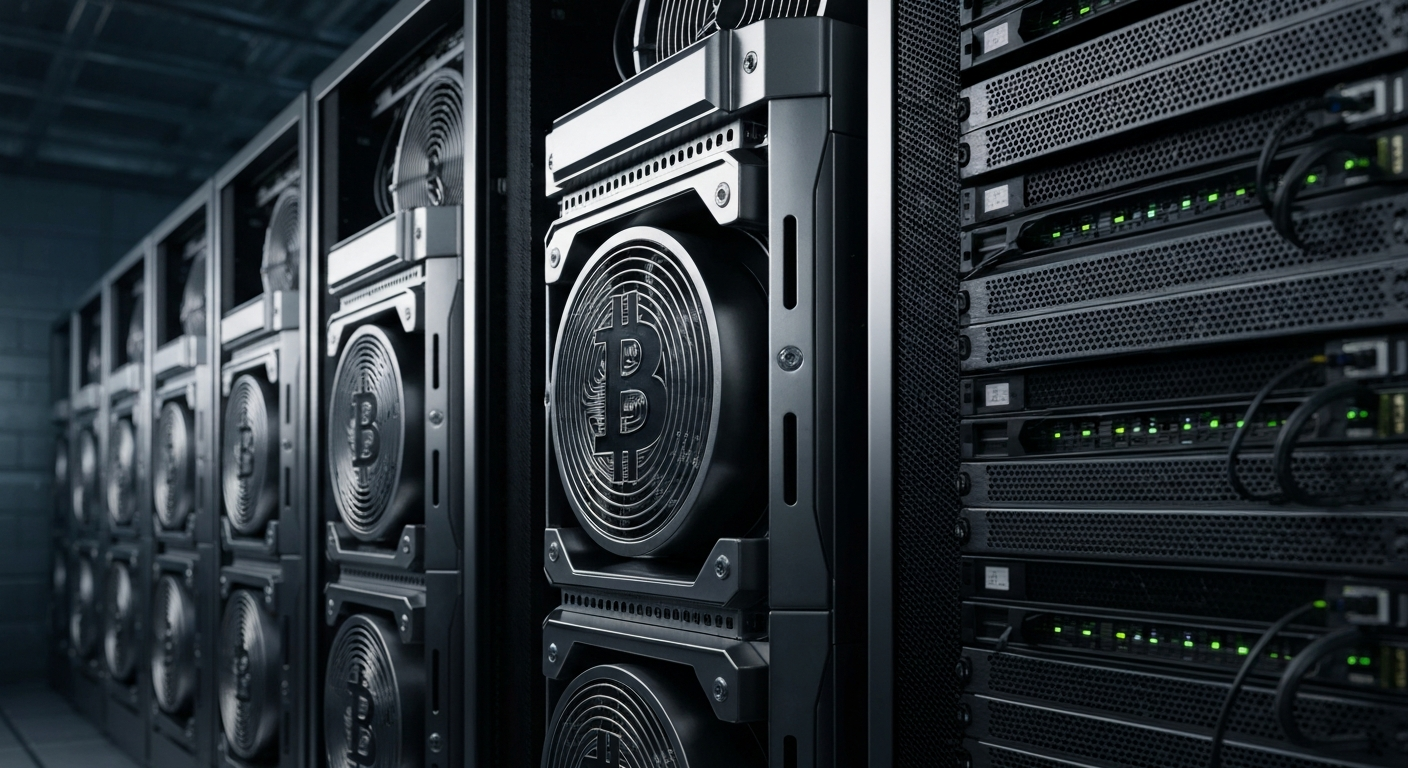 A highly detailed, close-up view of sleek, industrial-grade bitcoin mining hardware in a dimly lit, high-tech data center setting, conveying a sense of institutional-level security and technological sophistication.