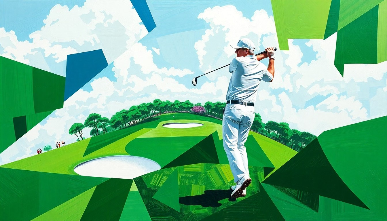A fractured, geometric painting depicting Jack Nicklaus' golf swing and the ceremonial tee shot at The Masters, with overlapping planes of color representing the dynamic motion and energy of the moment.