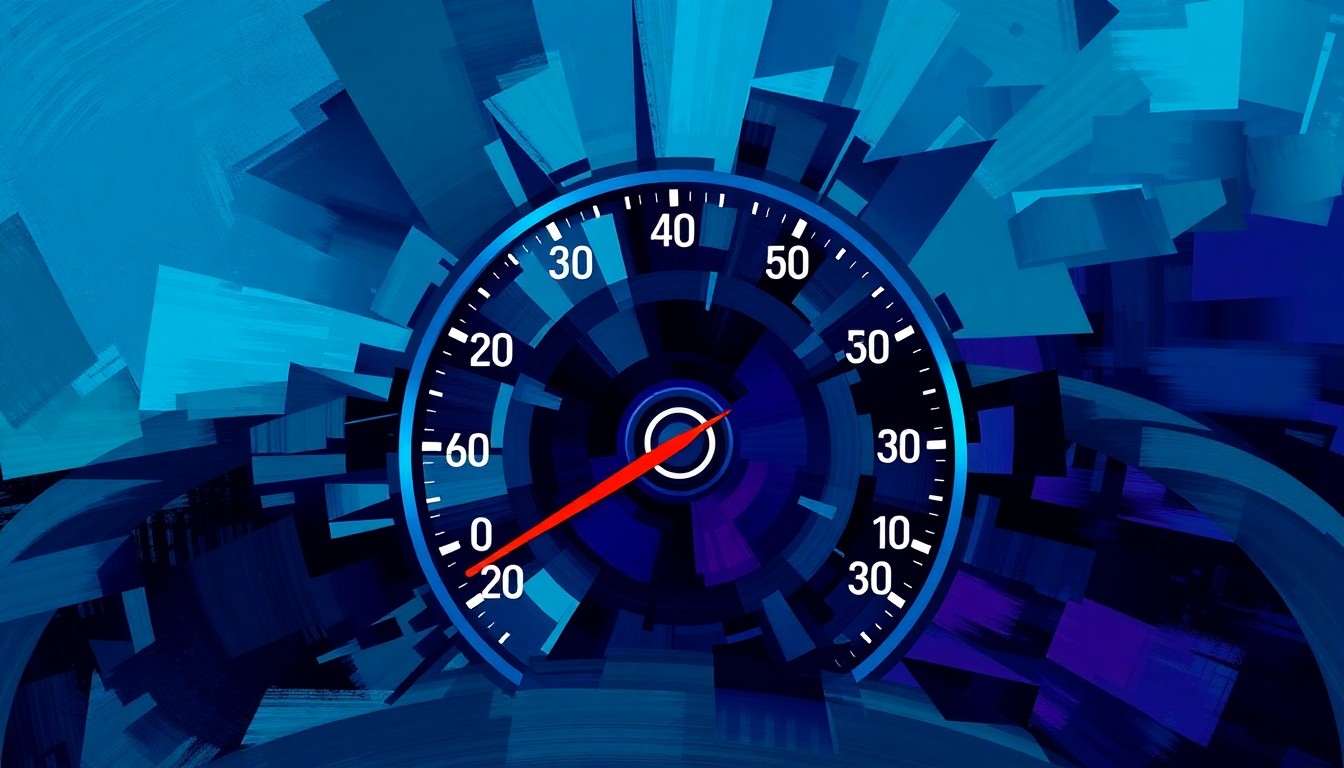 A dynamic, abstract painting of a car speedometer needle rapidly moving past the speed limit, rendered in overlapping, fractured geometric shapes and waves of deep blue, green, and purple hues, conceptually representing the proposed speed-limiting technology.