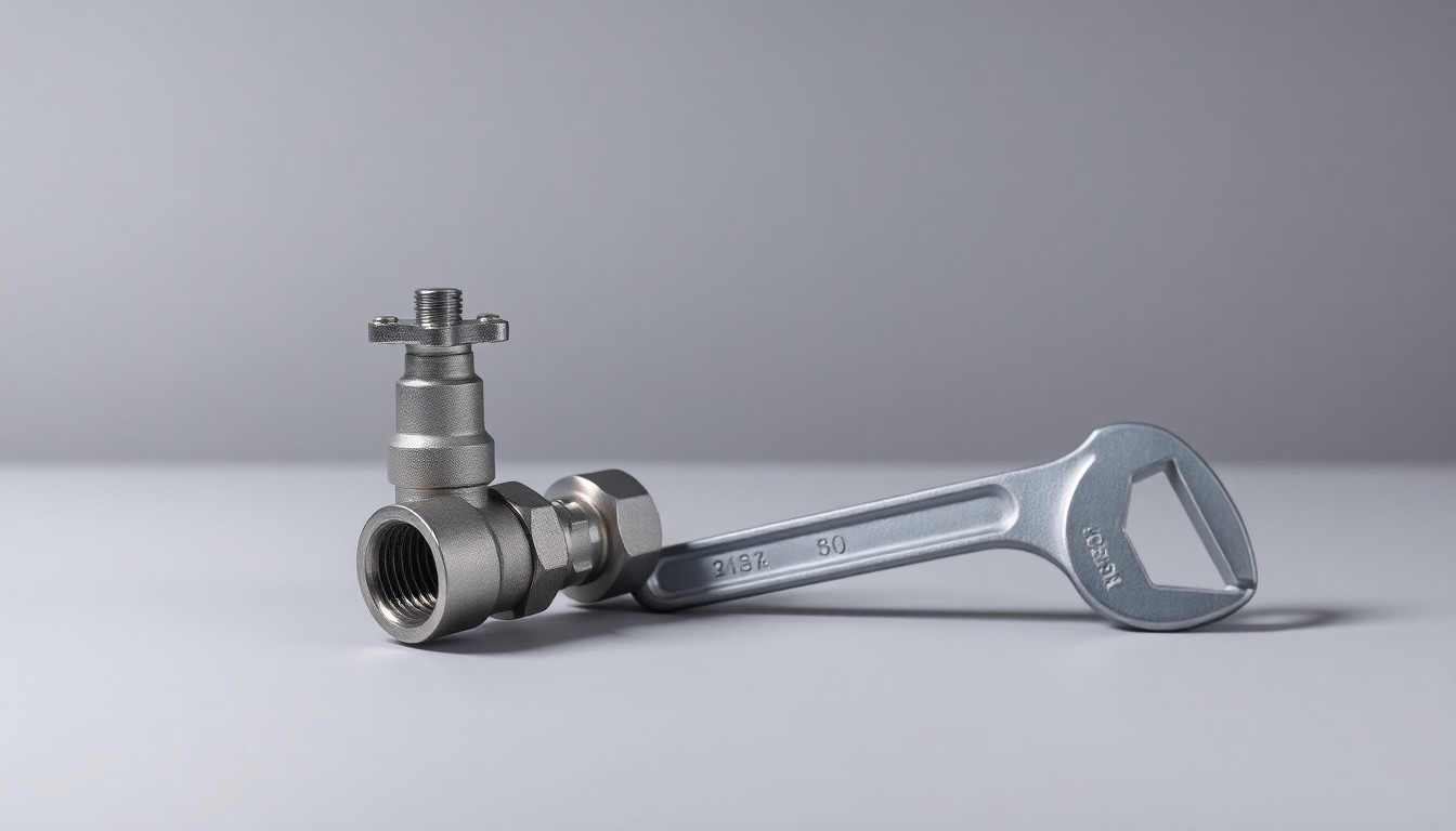 A photorealistic studio still life featuring polished metal water pipe fittings, a valve, and a wrench arranged elegantly on a matte grey background, conceptually representing infrastructure upgrades and public-private collaboration.