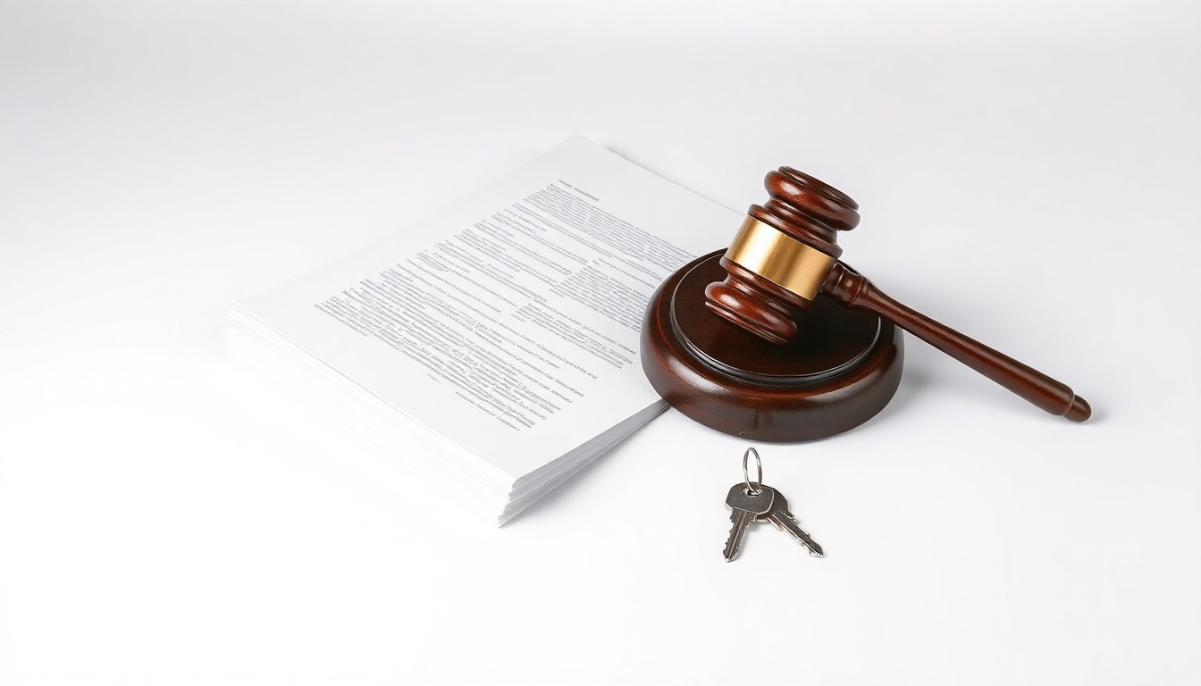 A minimalist, photorealistic studio still life featuring a stack of legal documents, a gavel, and a set of keys floating on a clean white background, conceptually representing the legal proceedings and property transfer at the heart of this story about the dissolution of a defunct nonprofit organization.