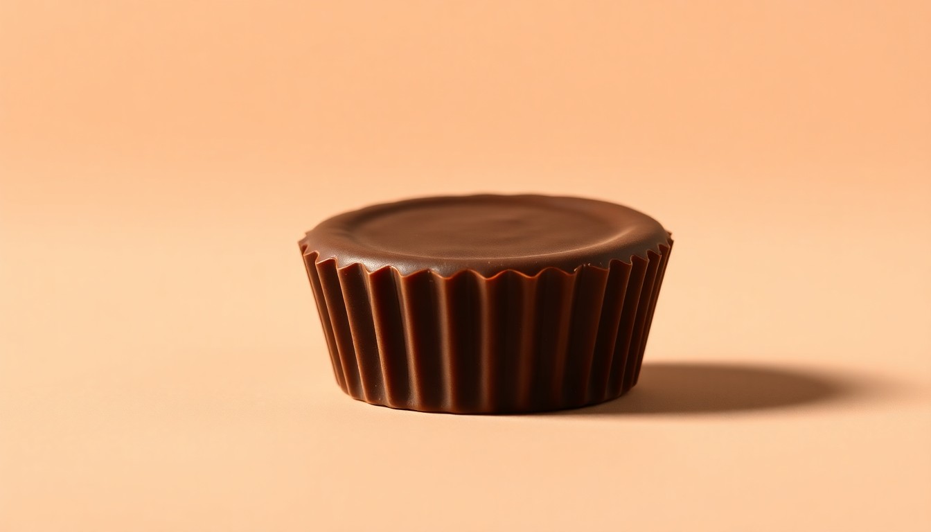 A photorealistic studio still-life image of a single Peanut Buddah Cup, a premium chocolate-coated peanut butter cup infused with 25mg of THC and 25mg of CBG, elegantly arranged on a clean, monochromatic background using dramatic lighting and shadows to represent the balanced, blissful experience of this innovative edible product.