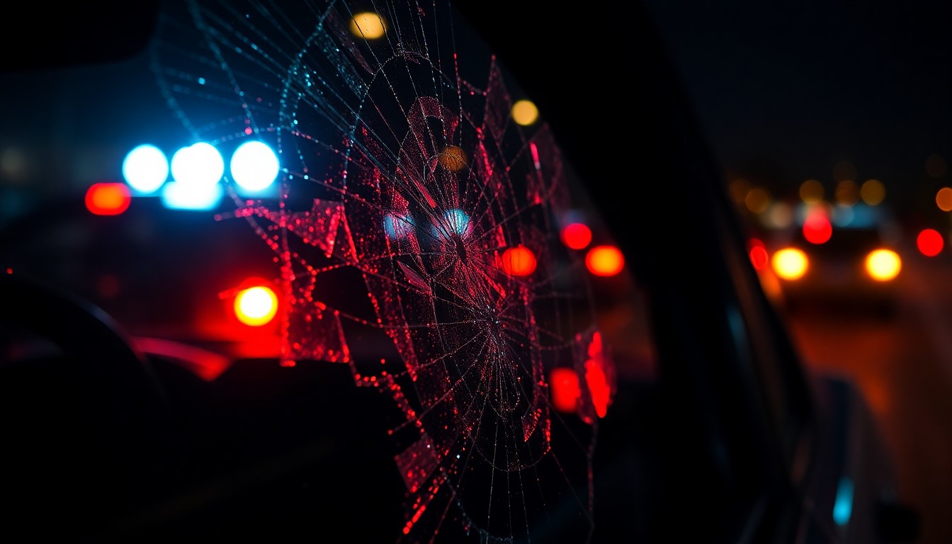 An extreme close-up of a shattered car window reflecting the faint glow of emergency lights, conceptually representing the aftermath of a high-speed pursuit and crash.
