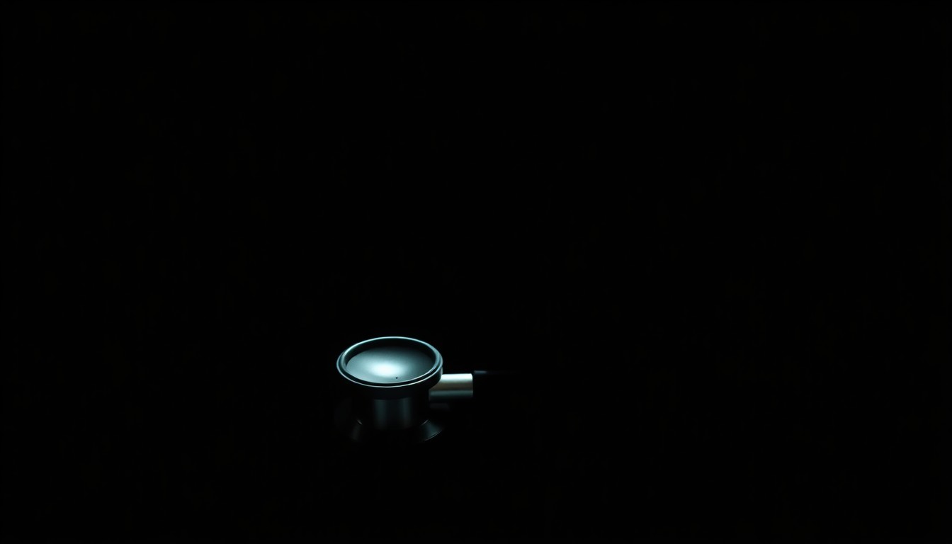 An extreme close-up photograph of a stethoscope or other medical instrument against a pitch-black background, lit by a harsh, direct camera flash, creating a stark, gritty, investigative aesthetic.