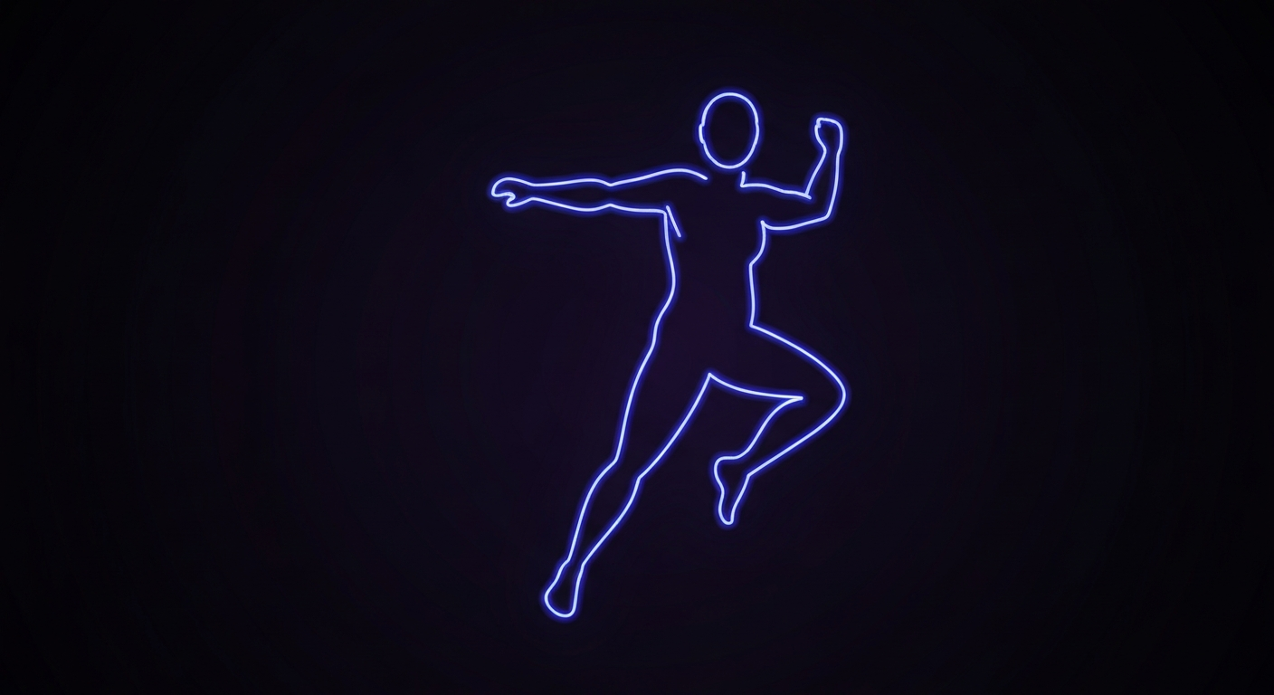 A minimalist design in the style of Keith Haring, where a glowing, vibrant neon figure in a dynamic pose is defined entirely by electric lines against a dark background, conceptually representing the longevity and vitality of Massachusetts residents.