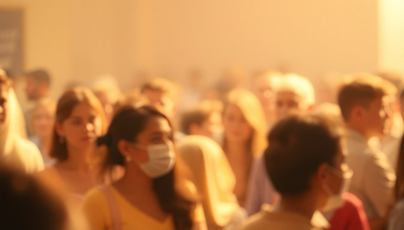 An abstract, out-of-focus photograph showing a group of people gathered together, their figures blurred but conveying a sense of community and shared purpose.