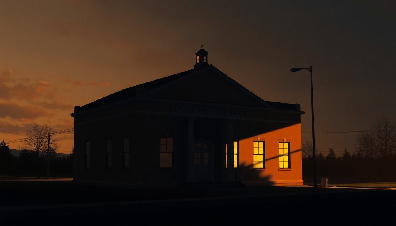 A serene, cinematic painting of a county courthouse building in warm, golden light, with deep shadows casting across the facade, conveying a sense of quiet civic importance.