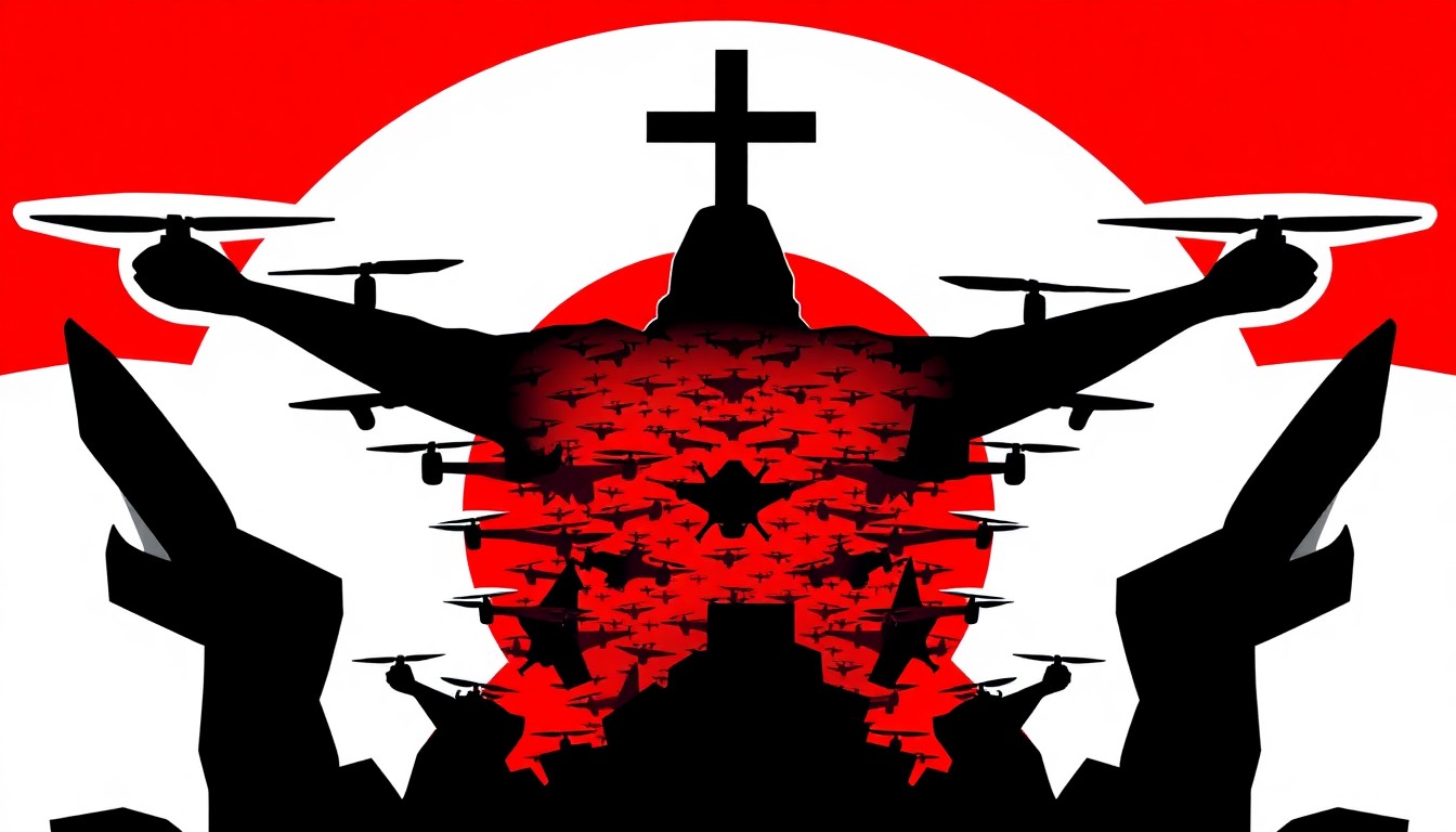An abstract, minimalist illustration using stark black silhouettes and bold geometric shapes in red and white to conceptually represent a massive drone swarm forming the outline of a single, towering figure of Jesus Christ.