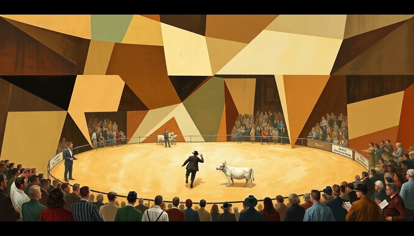 A fragmented, geometric painting depicting various livestock judging activities, with overlapping planes of earth-toned colors representing the multifaceted nature of these agricultural competitions.