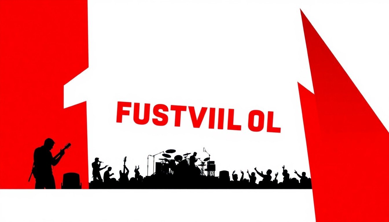 An abstract, minimalist illustration featuring bold, jagged shapes and silhouettes in high-contrast red and white, conceptually representing a music festival or concert event.