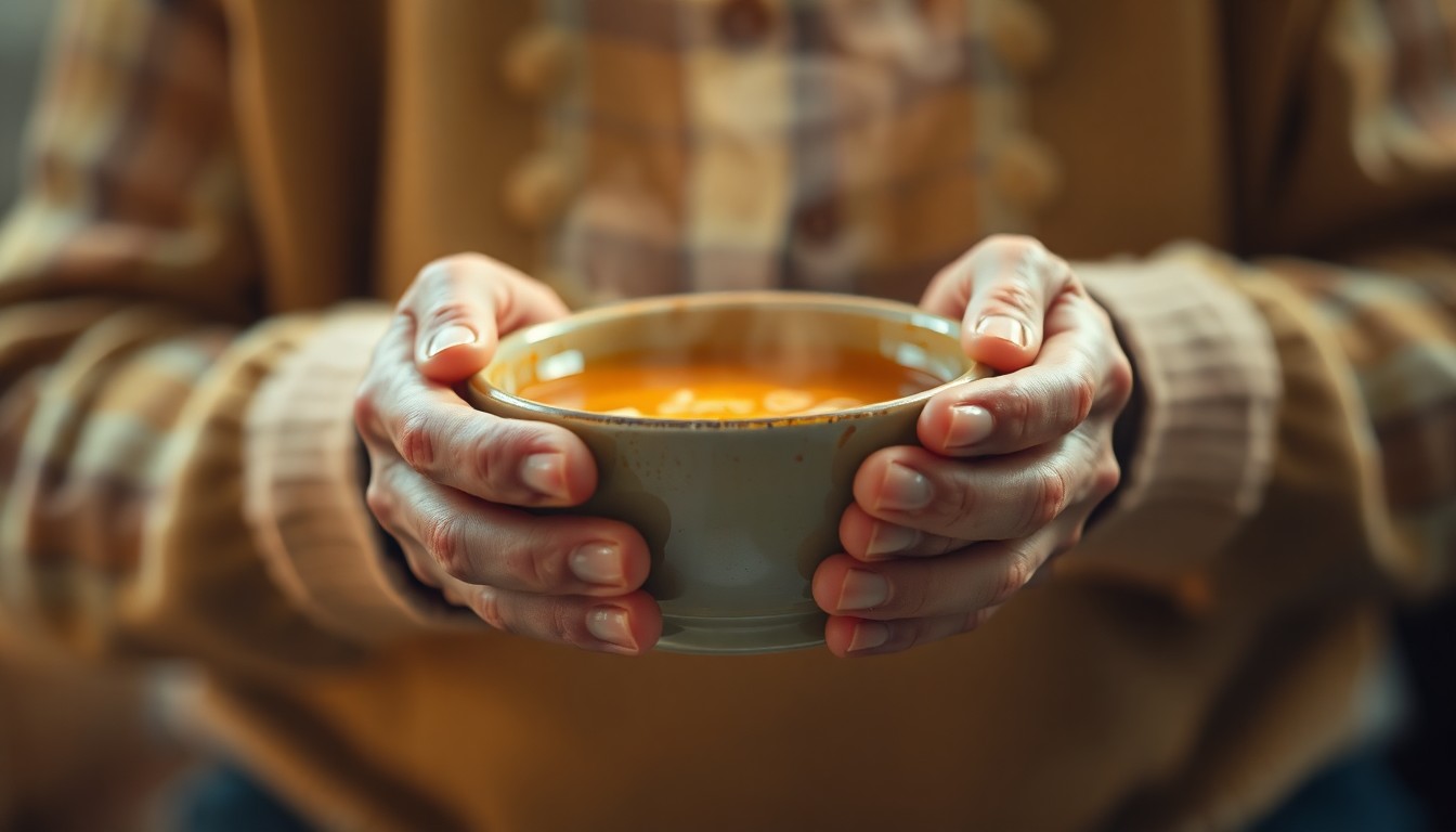 An extremely abstracted, out-of-focus photograph of an elderly person's hands holding a warm bowl, surrounded by soft pools of amber, ochre, and sage green light, conceptually representing the comfort and care provided by volunteer meal delivery services.