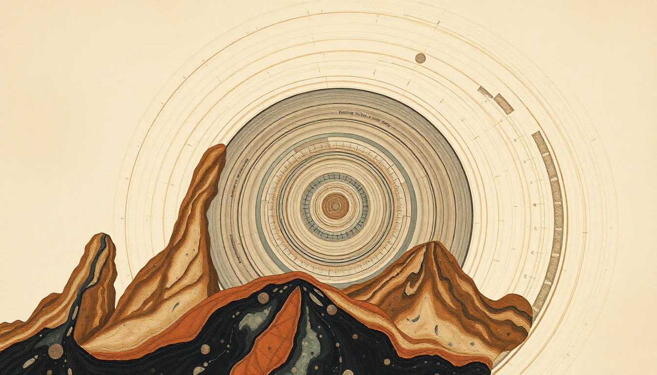 A highly textured abstract painting in soft shades of brown, green, and blue, featuring sweeping curved lines and precise spiral patterns that evoke the complex natural forces that shaped a unique rock formation found in Lake Huron.