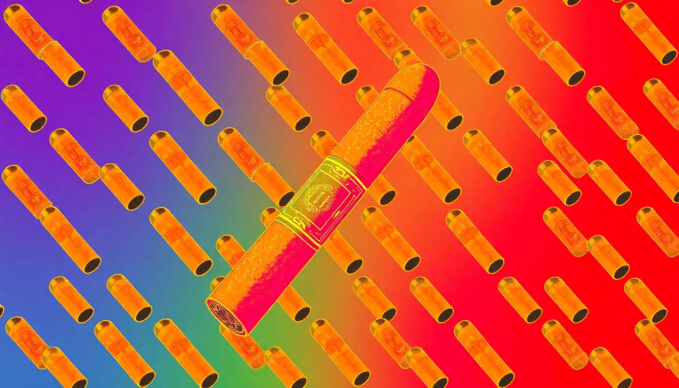 A bold, colorful silkscreen print featuring a single, iconic cigar shape repeated in a grid pattern, capturing the retro-inspired aesthetic of HVC's new La Decoración blend.