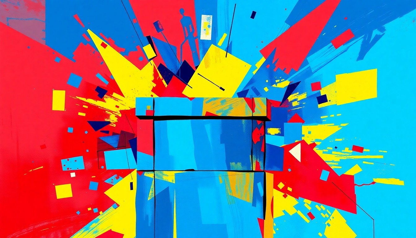 A dynamic, fractured painting composed of overlapping geometric shapes and bold, contrasting colors like deep blue, bright red, and vivid yellow, representing the turbulent political landscape ahead of the 2026 midterm elections.