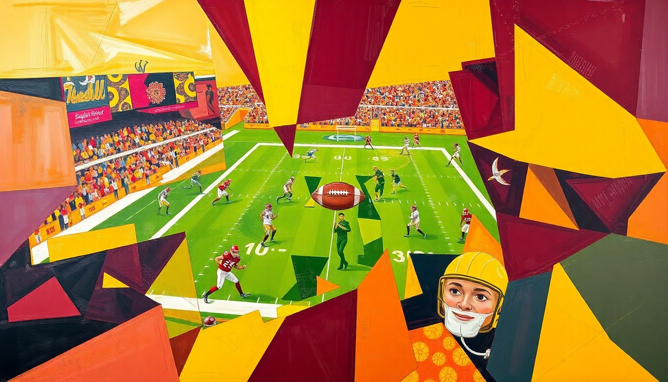 A fragmented, geometric painting in burgundy and gold hues, capturing the dynamic and unpredictable nature of the Commanders' draft decisions over the years.