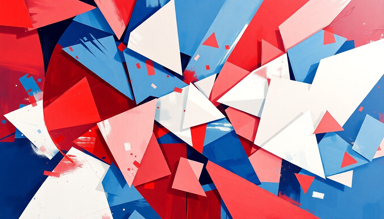 An abstract, dynamic painting featuring overlapping, fractured geometric shapes in shades of red, white, and blue, conveying the energy and movement of a political campaign season.