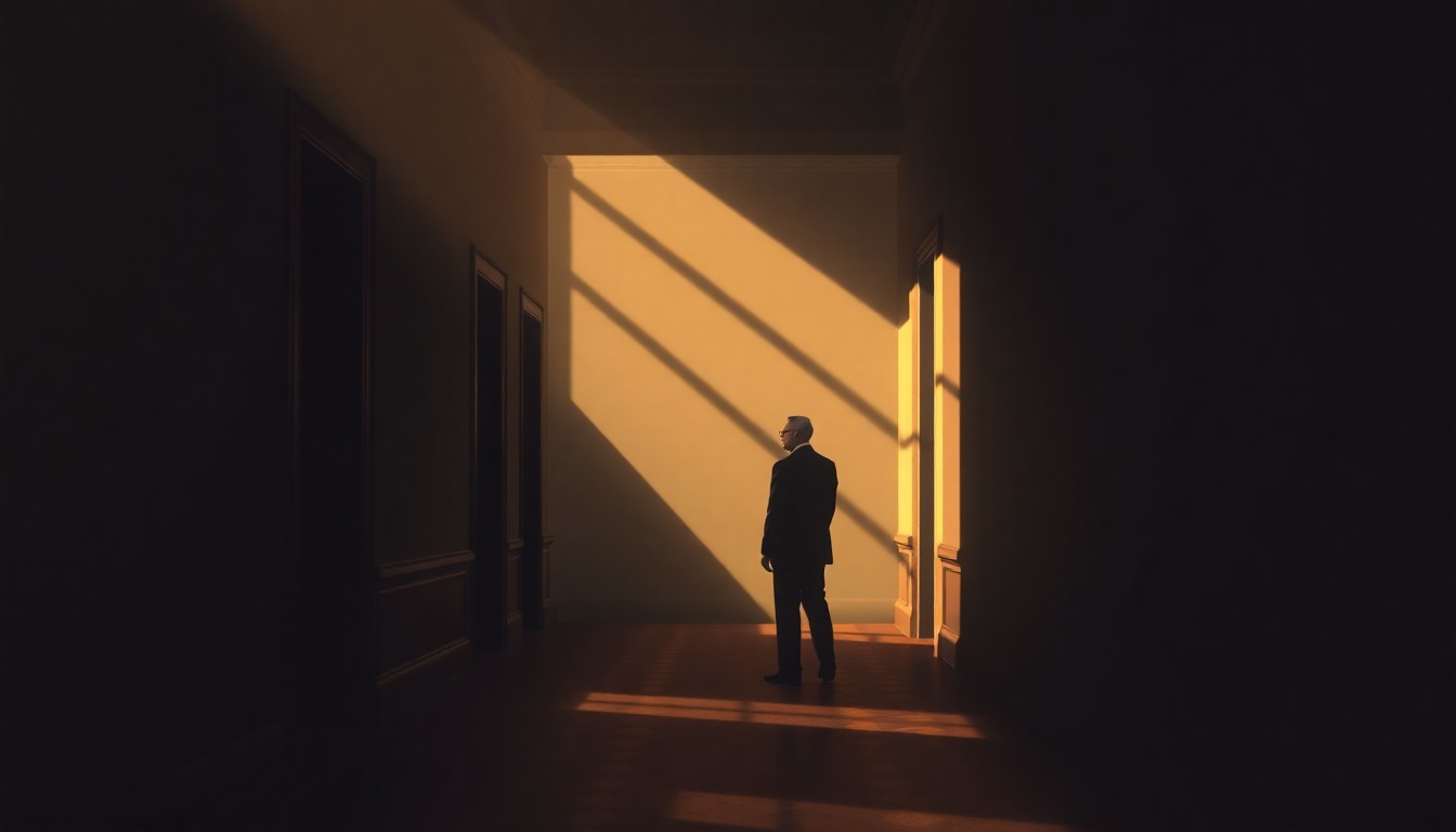 A solitary figure stands alone in a dimly lit government building hallway, the warm, diagonal sunlight and deep shadows creating a pensive, cinematic atmosphere.
