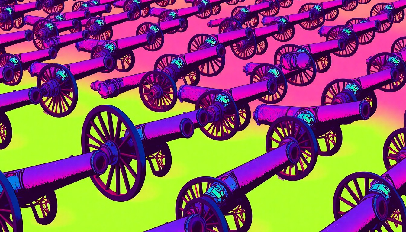 A bold, colorful silkscreen-style illustration featuring a repeating pattern of a Civil War cannon in bright neon hues, conceptually representing the artillery demonstration at the historic Honey Springs Battlefield.