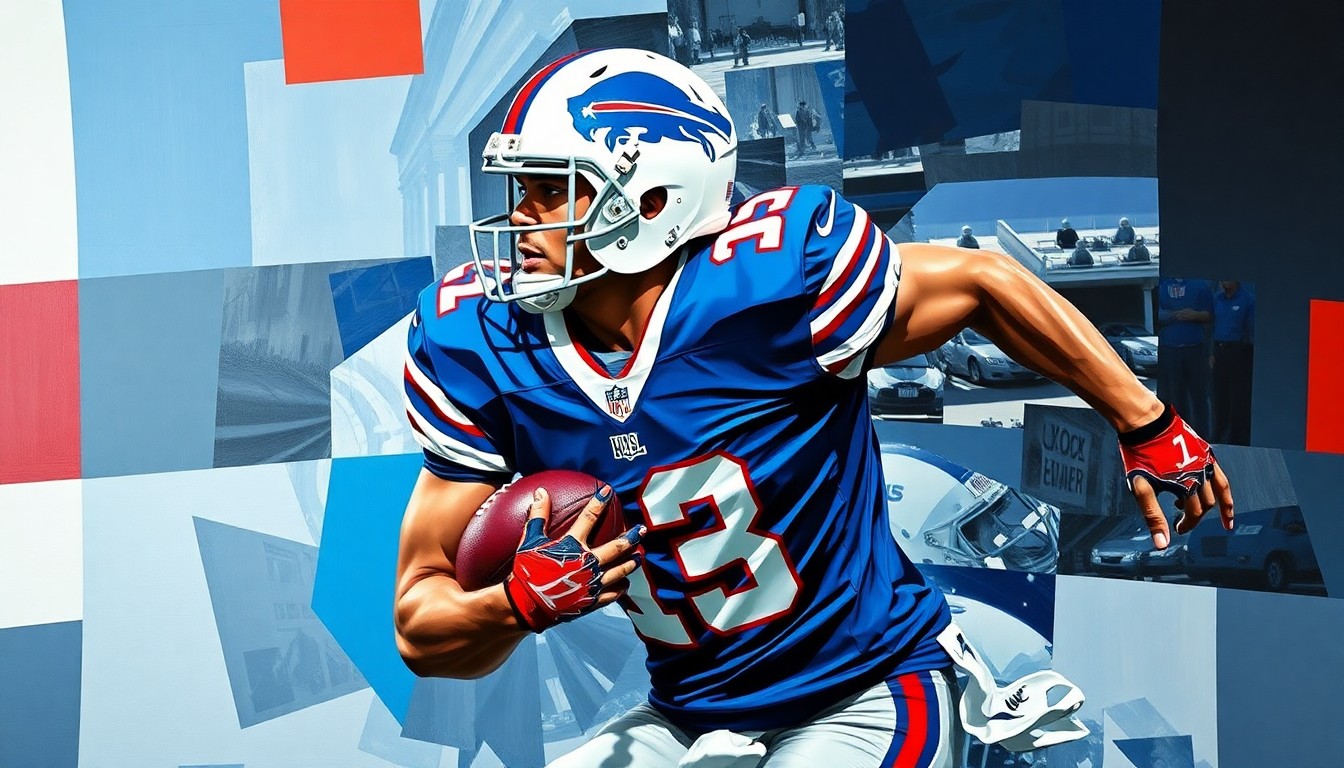 A cubist-style painting depicting a football player in mid-action, with their body broken down into sharp, overlapping geometric shapes in the colors of the Buffalo Bills.