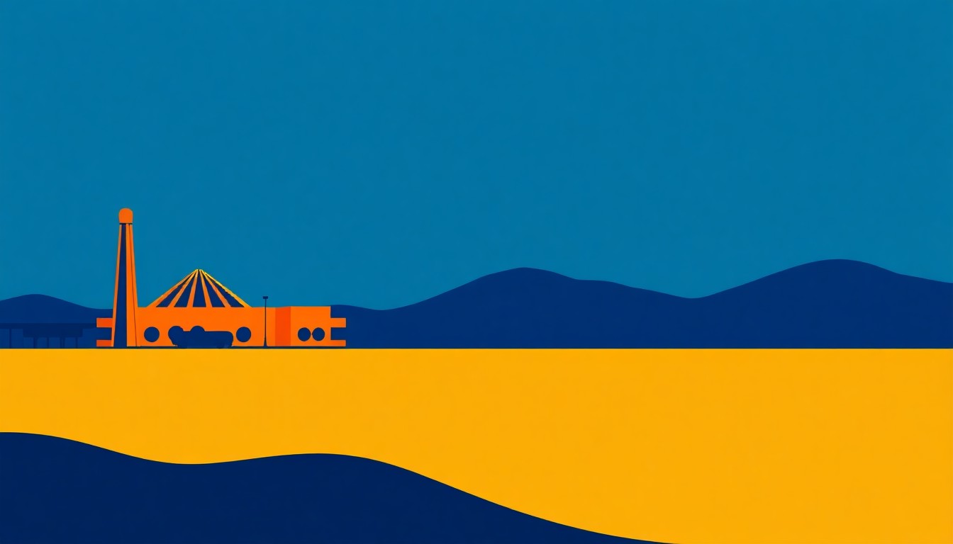 A vibrant abstract illustration composed of overlapping triangles, rectangles, and circles in shades of blue, red, and yellow, conceptually representing the complex economic forces influenced by state gaming regulations in the city of Gilroy.