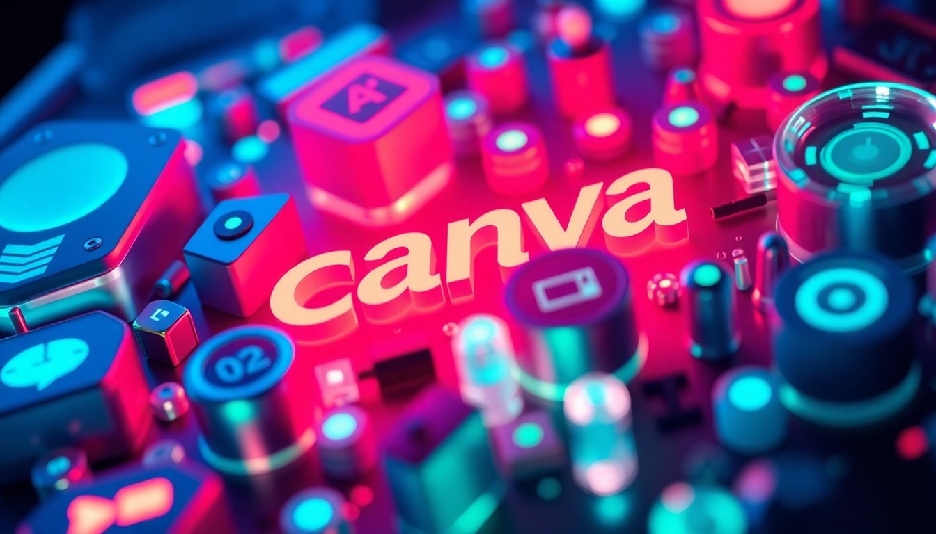 A glowing, 3D macro illustration of Canva's new AI-powered marketing and customer data platform, featuring recognizable tech elements illuminated by neon lights, conceptually representing the company's expansion into advanced automation and intelligence capabilities.