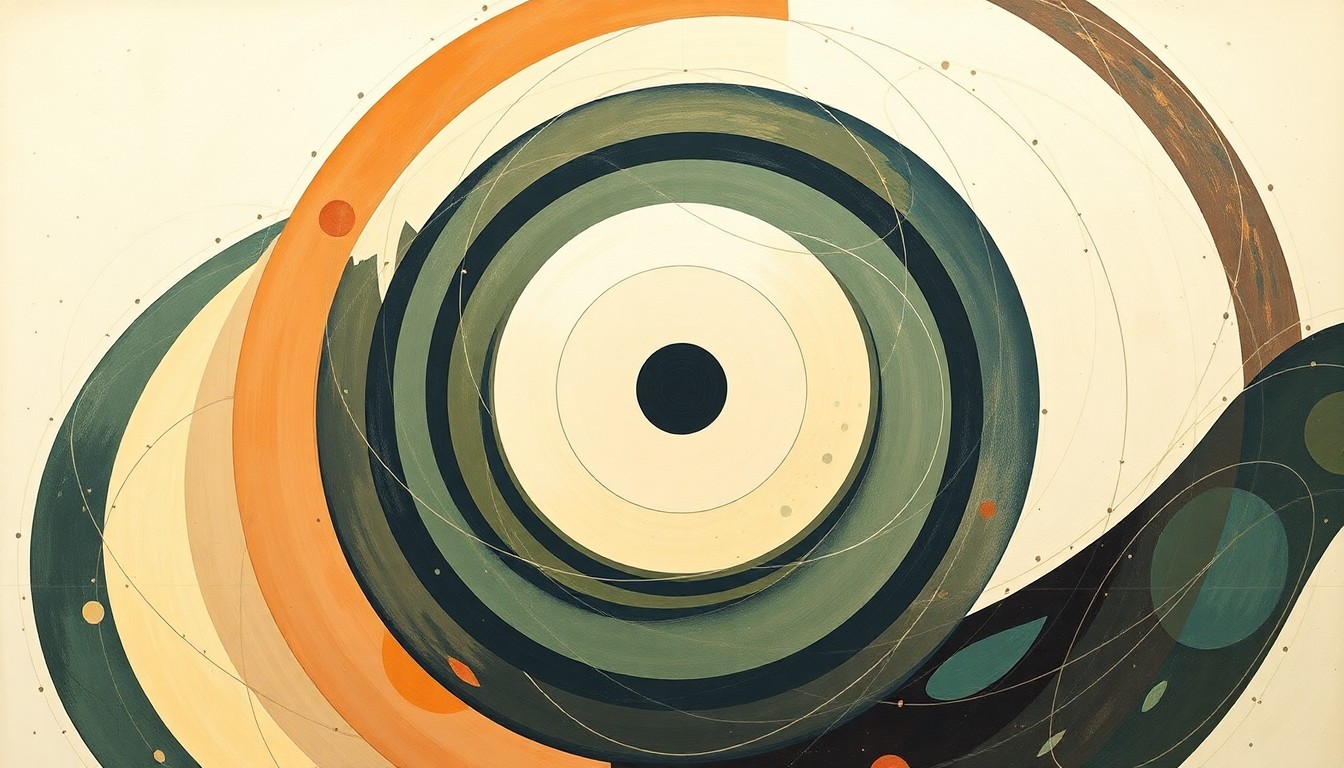 A bold, highly structured abstract painting in muted earthy tones, resembling a massive scientific diagram with sweeping geometric arcs, concentric circles, and precise botanical spirals, conveying the structural order of the natural world without using any text or symbols.