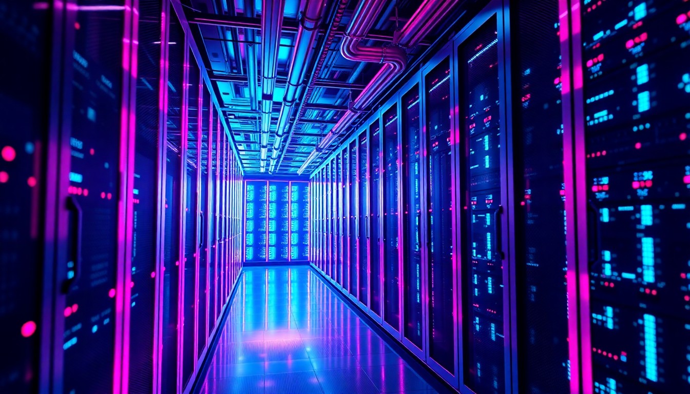 A highly detailed, glowing 3D illustration of the internal components of a data center, including server racks and cooling systems, illuminated by bright neon cyan and magenta lights, conveying the complex technological nature of modern data infrastructure.