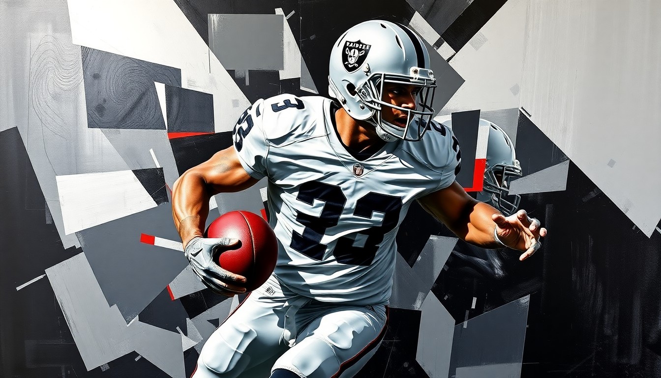 A fragmented, geometric painting depicting a football player in mid-motion, with sharp planes of silver, black, and metallic red representing the dynamic energy of the game.