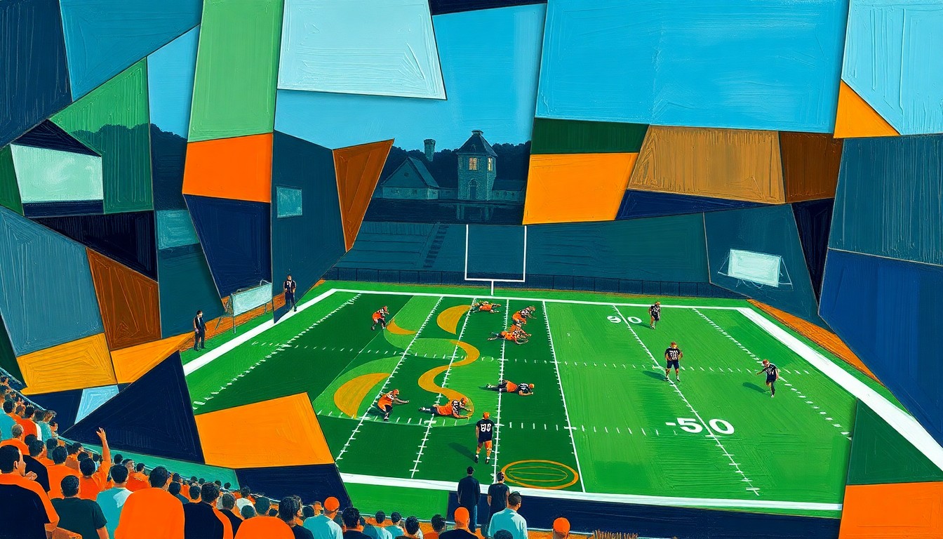 A cubist, geometric painting depicting a high school football game, with players and the field broken down into overlapping planes of navy, green, and orange.