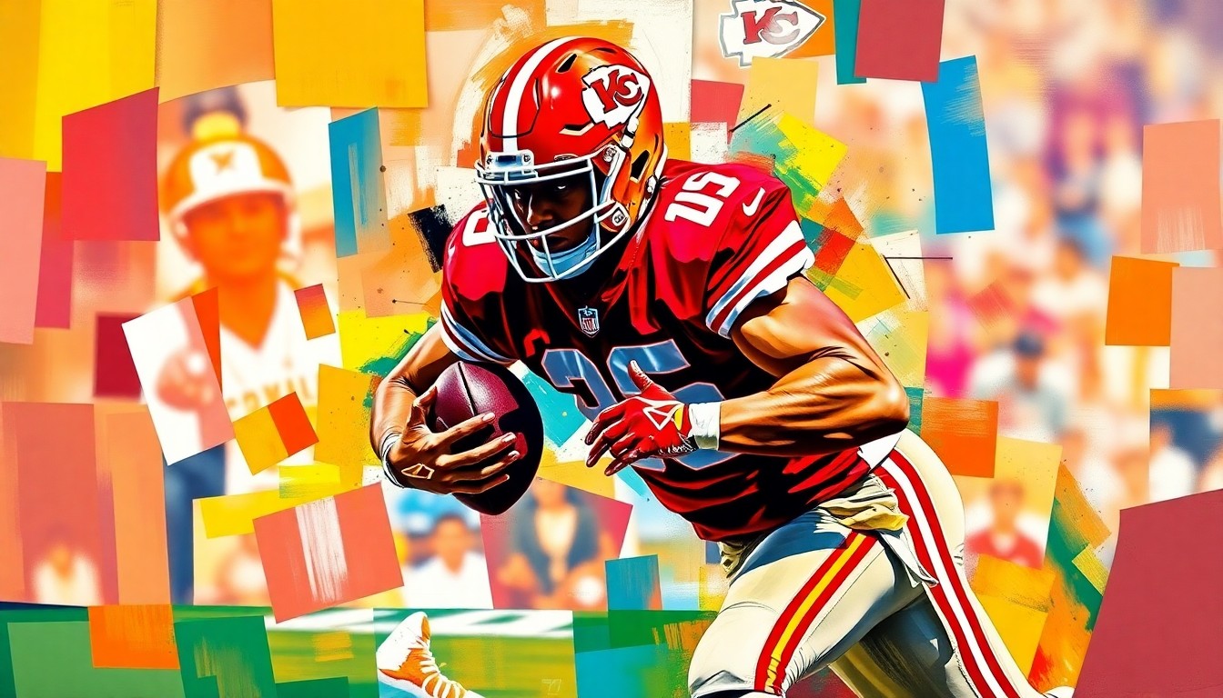 A cubist-style painting depicting a football player in a pass rushing pose, with their body broken down into sharp, overlapping geometric planes in the Chiefs' red and gold colors, conveying the raw power and dynamism of NFL pass rushing.