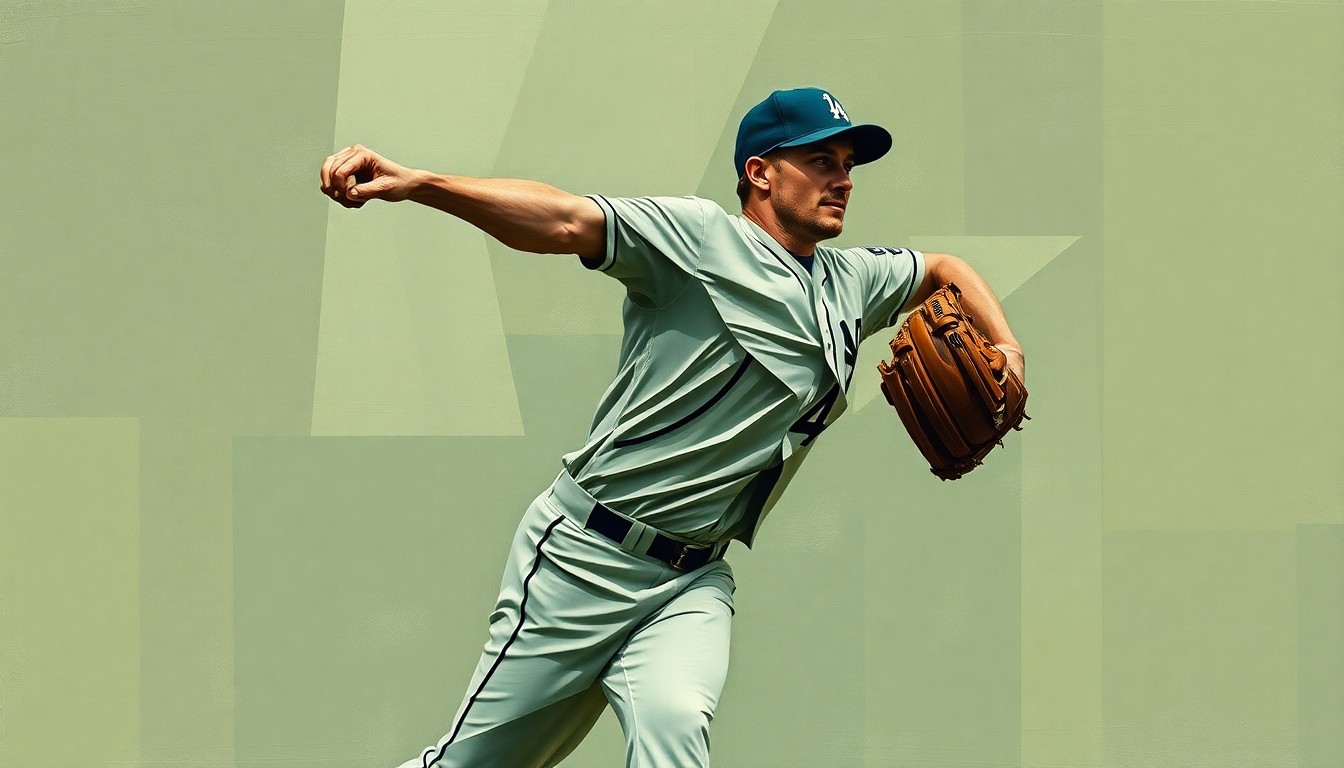 A cubist-style painting depicting a baseball pitcher's throwing motion broken down into sharp, overlapping geometric shapes in muted earth tones, conveying the complexity and challenges facing the Yankees' closer.