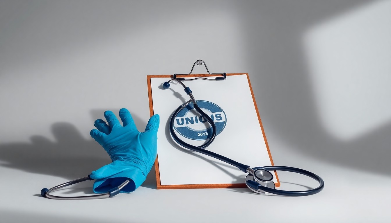 A photorealistic studio still life featuring a stethoscope, medical gloves, and a clipboard with a union logo, arranged elegantly on a clean, monochromatic background to symbolize the abstract concepts of labor relations and worker protections.