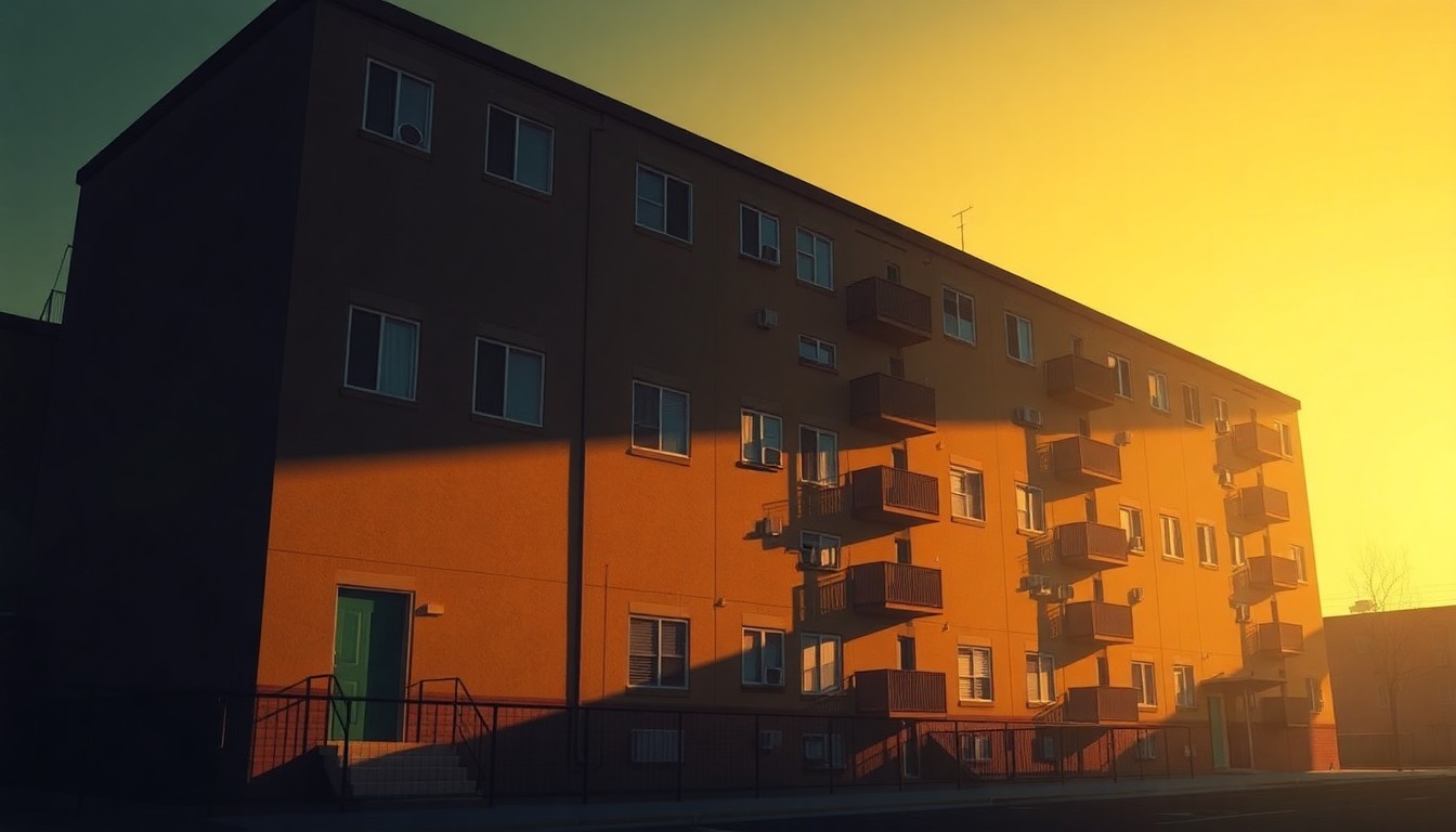 A realistic oil painting depicting a multi-story public housing apartment building in warm, golden sunlight, with deep shadows across the facade and a solitary figure visible in one of the windows, conveying a sense of quiet contemplation and the need for greater community investment.