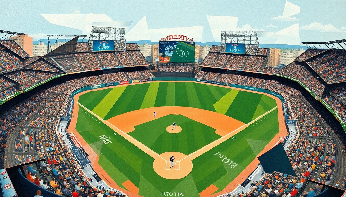A fragmented, geometric painting depicting a baseball game in abstract shapes and planes of color, conveying the dynamic tension and strategic depth of the Diamondbacks-Mets series finale.