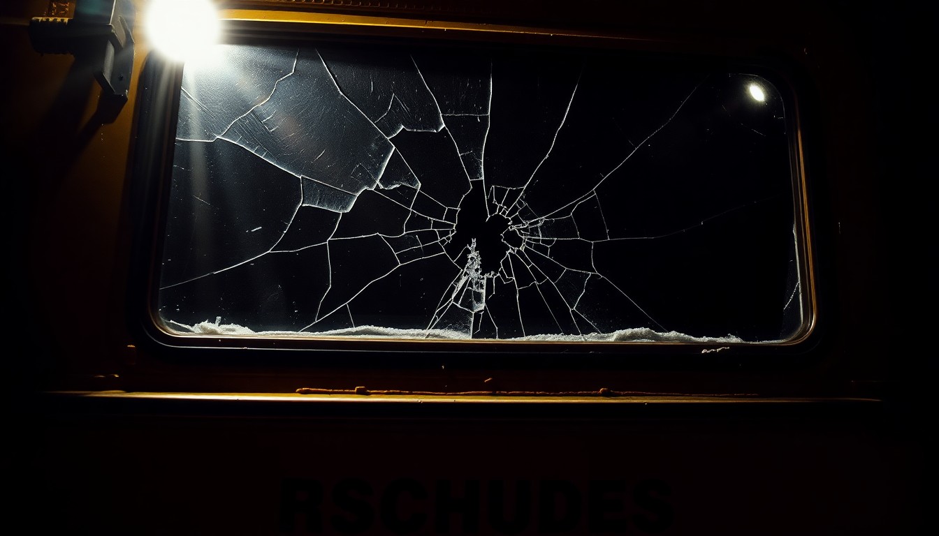 An extreme close-up photograph of a cracked and damaged school bus window, capturing the stark, gritty details of the incident in a conceptual illustration.