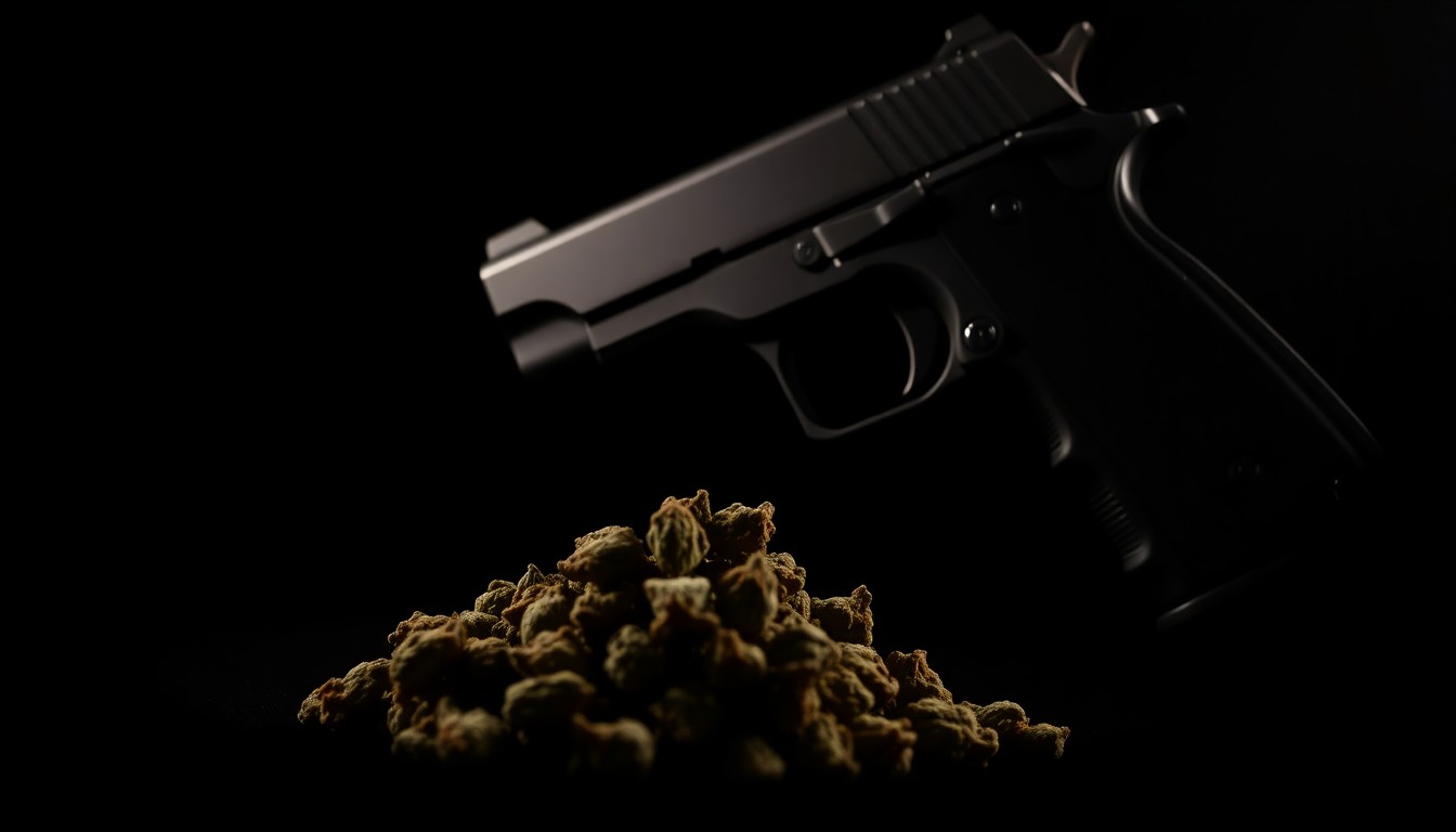 An extreme close-up photograph of a handgun and a pile of marijuana buds lit by a harsh, direct camera flash against a pitch-black background, conceptually illustrating the raid on an alleged drug operation near schools.
