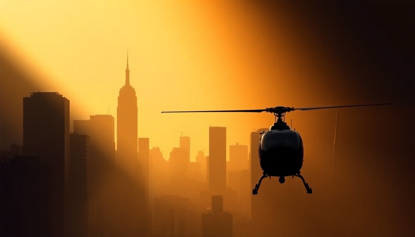 A serene, photorealistic painting of a lone helicopter hovering above the Hudson River, with the New York City skyline visible in the background. The scene is bathed in warm, golden light, creating a contemplative and melancholic mood.
