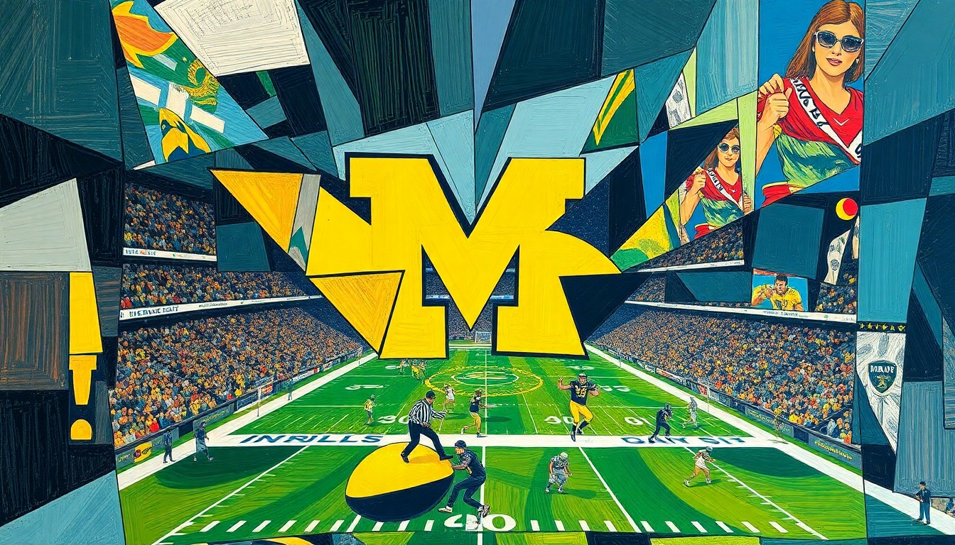 A cubist, geometric painting depicting fragmented scenes of a Michigan football game, with players and the field broken down into sharp, overlapping shapes and planes in a vibrant color palette.