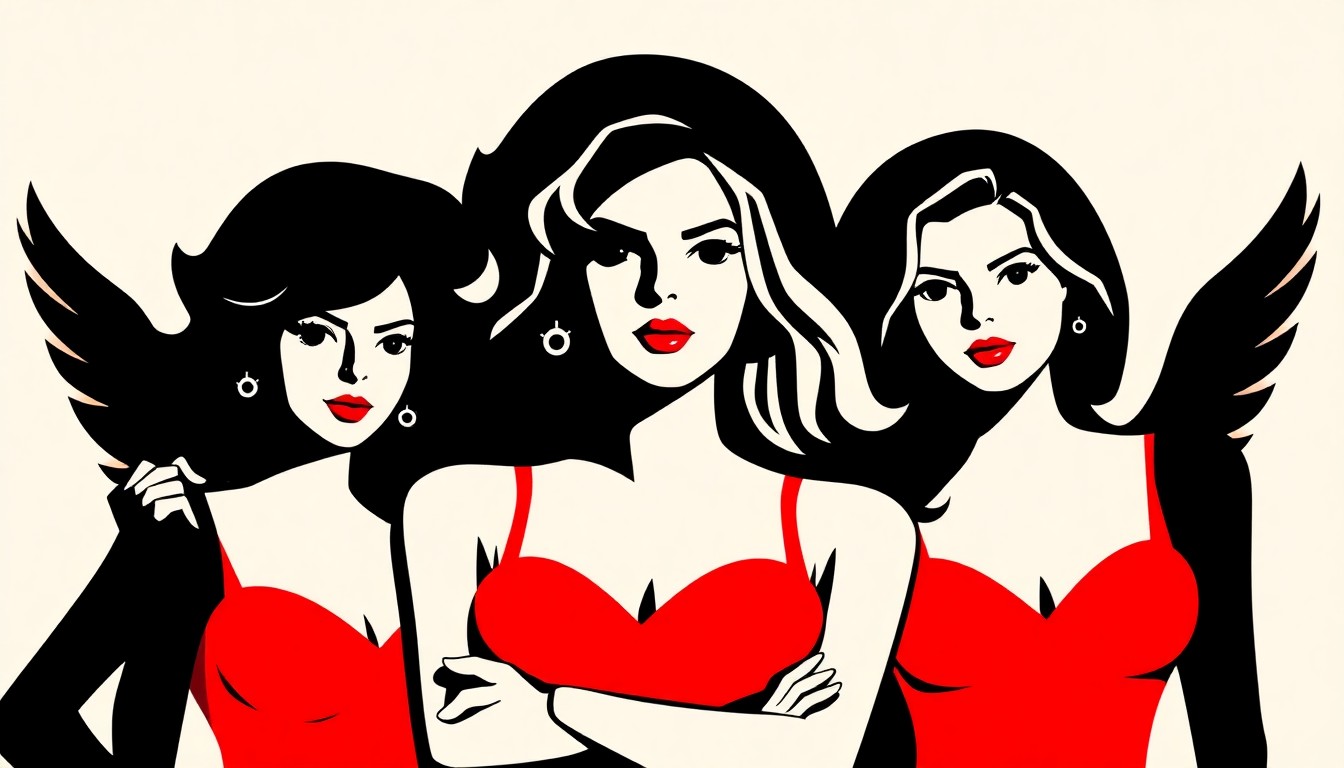 A striking, minimalist illustration featuring bold, jagged silhouettes of three women in action poses, representing the iconic trio of Charlie's Angels, rendered in a high-contrast palette of red and white.
