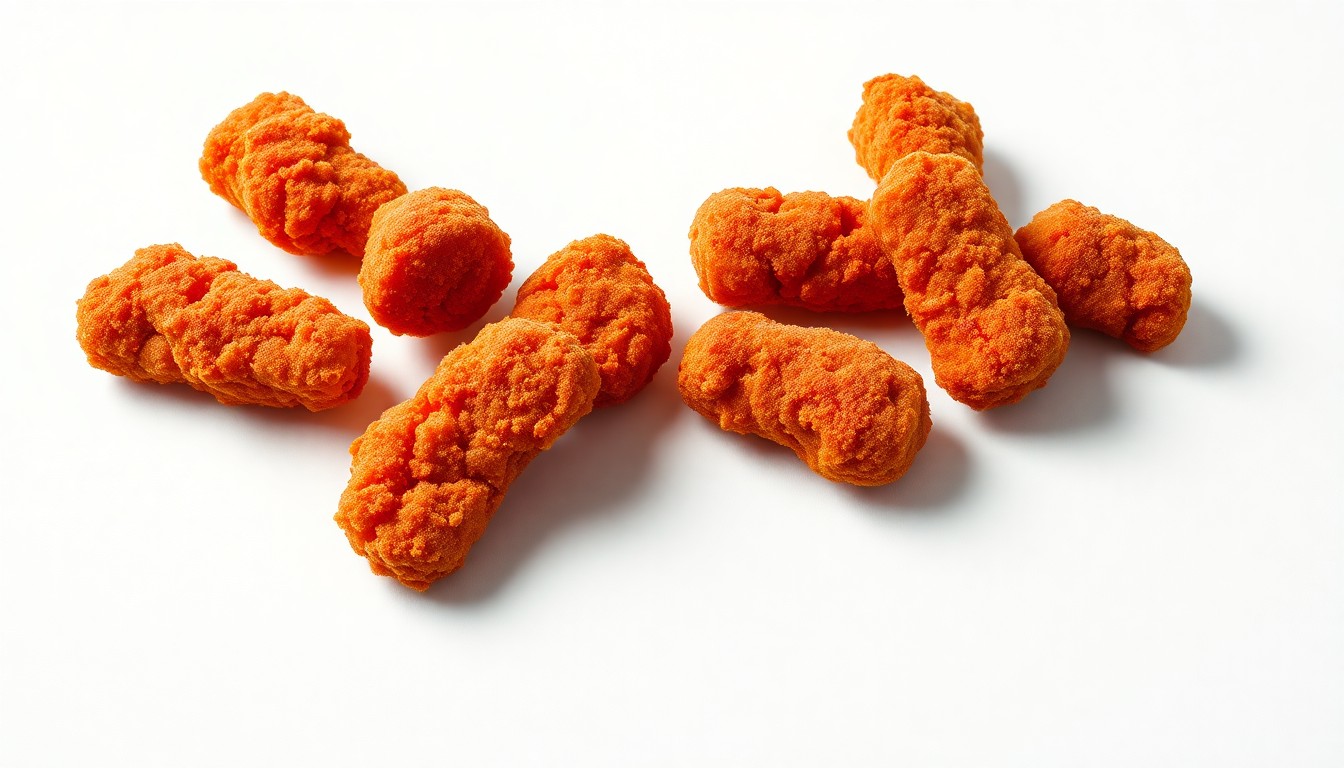 A close-up of several Diablo Dusted Crispy Chicken Nuggets arranged elegantly on a clean, monochromatic background, using dramatic studio lighting to highlight the nuggets' polished, geometric shapes and represent the fiery, innovative new product.