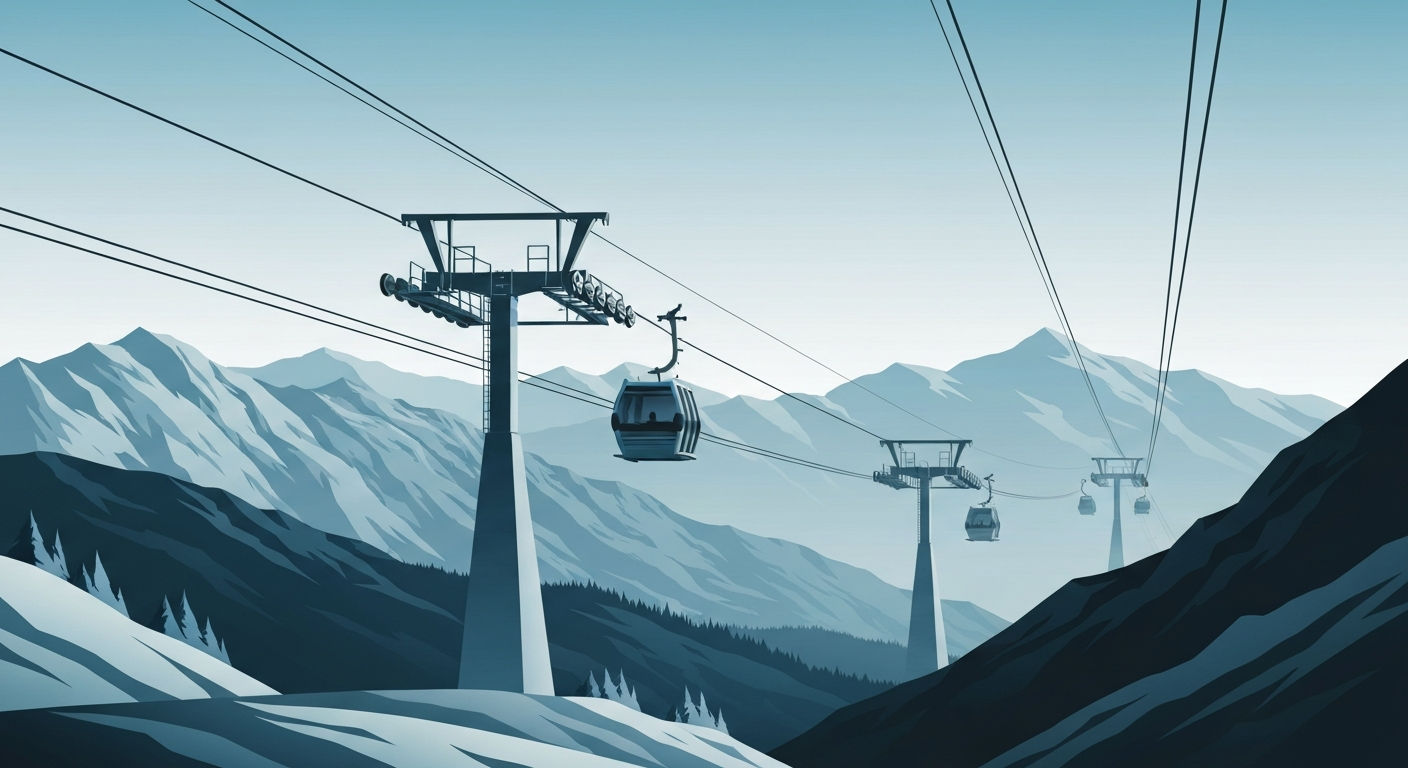 A highly stylized, geometric illustration depicting the sweeping lines and grand scale of an aerial gondola system soaring over a mountainous landscape, conceptually representing Winter Park's plans to enhance connectivity between its resort and downtown areas.
