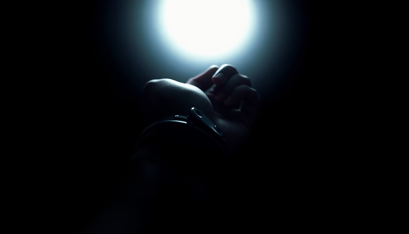 An extreme close-up of a handcuffed wrist against a stark black background, conceptually representing the arrest and prosecution of a suspected terrorist plotter.