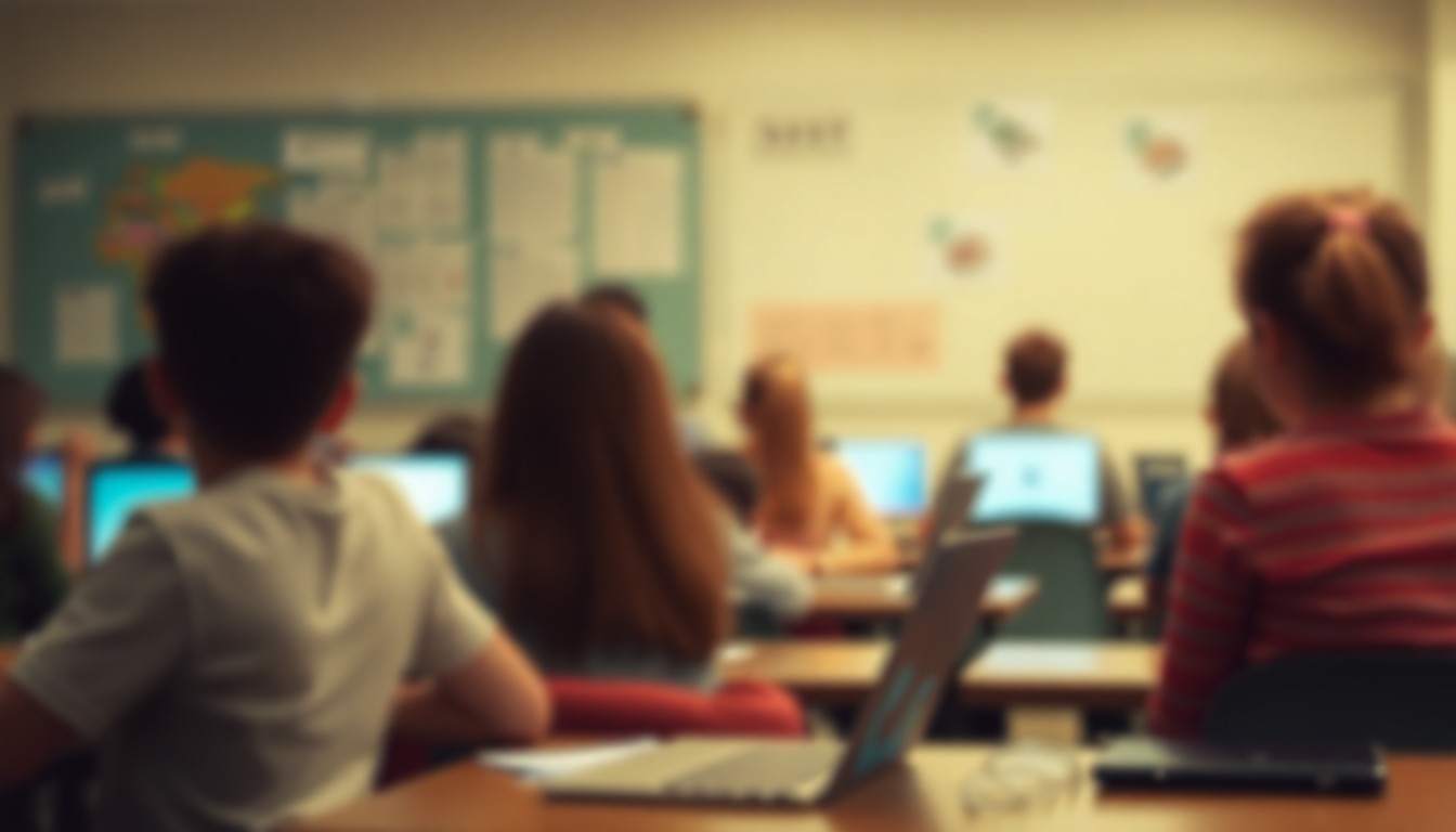 A dreamlike, impressionistic scene of a classroom filled with blurred, indistinct figures using digital devices, conveying a sense of uncertainty and the need for thoughtful consideration of new educational technologies.