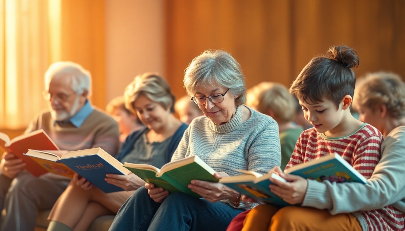 An abstract, impressionistic photograph showing the blurred silhouettes of people sitting together and reading, with soft, warm washes of color and light in the background, conveying a sense of community and shared experience around the joy of reading.